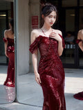 Niulatu Mermaid Off The Shoulder Burgundy Sequin Long Prom Dress Evening Dresses HZ1110