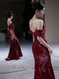 Niulatu Mermaid Off The Shoulder Burgundy Sequin Long Prom Dress Evening Dresses HZ1110