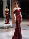 Niulatu Mermaid Off The Shoulder Burgundy Sequin Long Prom Dress Evening Dresses HZ1110