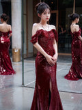 Niulatu Mermaid Off The Shoulder Burgundy Sequin Long Prom Dress Evening Dresses HZ1110