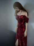 Niulatu Mermaid Off The Shoulder Burgundy Sequin Long Prom Dress Evening Dresses HZ1110