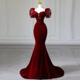 Niulatu Mermaid Sweetheart Burgundy Short Sleeves Long Prom Dress Evening Dresses HZ1110