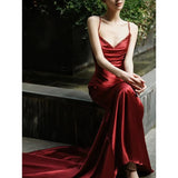 Niulatu Mermaid Spaghetti Straps Burgundy Satin Prom Dresses Evening Dress With Beads HZ1110