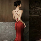 Niulatu Mermaid Spaghetti Straps Burgundy Satin Prom Dresses Evening Dress With Beads HZ1110