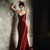 Niulatu Mermaid Spaghetti Straps Burgundy Satin Prom Dresses Evening Dress With Beads HZ1110