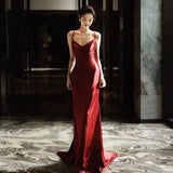 Niulatu Mermaid Spaghetti Straps Burgundy Satin Prom Dresses Evening Dress With Beads HZ1110