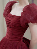 Niulatu Ball Gown Sweetheart Burgundy Short Sleeves Long Prom Dress Evening Dresses HZ1110