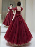 Niulatu Ball Gown Sweetheart Burgundy Short Sleeves Long Prom Dress Evening Dresses HZ1110