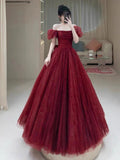 Niulatu Ball Gown Sweetheart Burgundy Short Sleeves Long Prom Dress Evening Dresses HZ1110