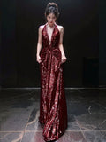 Niulatu Mermaid V Neckline Burgundy Sequin Prom Dresses Evening Dress With Beads HZ1110