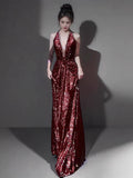 Niulatu Mermaid V Neckline Burgundy Sequin Prom Dresses Evening Dress With Beads HZ1110