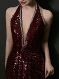 Niulatu Mermaid V Neckline Burgundy Sequin Prom Dresses Evening Dress With Beads HZ1110