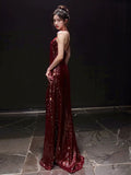 Niulatu Mermaid V Neckline Burgundy Sequin Prom Dresses Evening Dress With Beads HZ1110