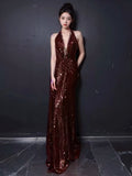 Niulatu Mermaid V Neckline Burgundy Sequin Prom Dresses Evening Dress With Beads HZ1110