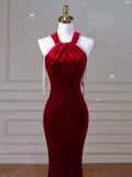 Niulatu Mermaid Halter Red Velvet Long Prom Dresses Evening Dress HZ1110