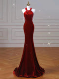 Niulatu Mermaid Halter Red Velvet Long Prom Dresses Evening Dress HZ1110