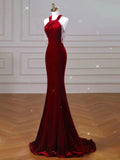 Niulatu Mermaid Halter Red Velvet Long Prom Dresses Evening Dress HZ1110