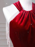 Niulatu Mermaid Halter Red Velvet Long Prom Dresses Evening Dress HZ1110