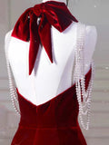 Niulatu Mermaid Halter Red Velvet Long Prom Dresses Evening Dress HZ1110