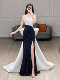 Niulatu Mermaid Strapless Black Sequin Long Prom Dress Evening Dresses HZ1110
