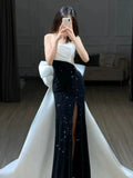 Niulatu Mermaid Strapless Black Sequin Long Prom Dress Evening Dresses HZ1110