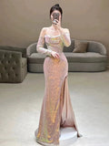Niulatu Mermaid Strapless Pink Slit Sequin Long Prom Dress Evening Dresses HZ1110