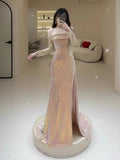Niulatu Mermaid Strapless Pink Slit Sequin Long Prom Dress Evening Dresses HZ1110