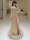 Niulatu Mermaid Strapless Pink Slit Sequin Long Prom Dress Evening Dresses HZ1110