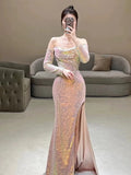 Niulatu Mermaid Strapless Pink Slit Sequin Long Prom Dress Evening Dresses HZ1110