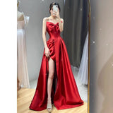 Niulatu A line Sweetheart Red Satin Long Prom Dress Evening Dresses HZ1110