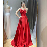 Niulatu A line Sweetheart Red Satin Long Prom Dress Evening Dresses HZ1110