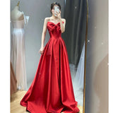 Niulatu A line Sweetheart Red Satin Long Prom Dress Evening Dresses HZ1110