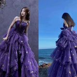 Niulatu Ball Gown Strapless Purple Satin Long Prom Dress Evening Dresses HZ1110