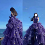 Niulatu Ball Gown Strapless Purple Satin Long Prom Dress Evening Dresses HZ1110