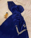 Niulatu A line One Shoulder Royal Blue Long Satin Party Dress Prom Dresses Evening Dress HZ1110