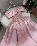 Niulatu A Line Off The Shoulder Pink Long Satin Beads Long Prom Dresses Party Dress HZ1110