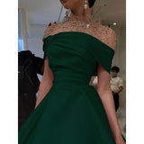 Niulatu A-Line Evening Gown Elegant Dress Formal Floor Length Short Sleeve Illusion Neck Satin with Ruched Beading Prom Dress HZ1110
