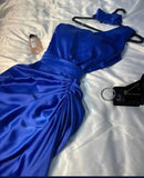 Niulatu A line One Shoulder Royal Blue Long Satin Pleated Party Dress Prom Dresses Evening Dress HZ1110
