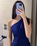 Niulatu Sheath One Shoulder Royal Blue Long Pleated Party Dress Prom Dresses Evening Dress HZ1110