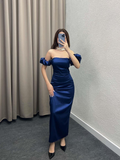 Niulatu Sheath Off The Shoulder Royal Blue Long Satin Prom Dresses Party Dress HZ1110