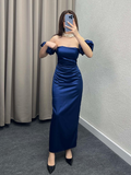 Niulatu Sheath Off The Shoulder Royal Blue Long Satin Prom Dresses Party Dress HZ1110