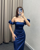 Niulatu Sheath Off The Shoulder Royal Blue Long Satin Prom Dresses Party Dress HZ1110