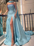 Niulatu Mermaid Strapless Blue Prom Dress With Beads Long Satin Prom Dresses Party Dress HZ1110