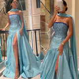 Niulatu Mermaid Strapless Blue Prom Dress With Beads Long Satin Prom Dresses Party Dress HZ1110