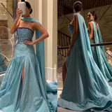 Niulatu Mermaid Strapless Blue Prom Dress With Beads Long Satin Prom Dresses Party Dress HZ1110
