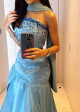 Niulatu Mermaid Strapless Blue Prom Dress With Beads Long Satin Prom Dresses Party Dress HZ1110
