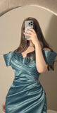 Niulatu Mermaid Off The Shoulder Blue Prom Dress With Pleated Long Satin Prom Dresses Party Dress HZ1110