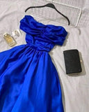 Niulatu A line Off The Shoulder Royal Blue Prom Dress With Pleated Long Satin Prom Dresses Party Dress HZ1110