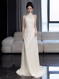 Niulatu Mermaid White High Neckline Long Prom Dresses HZ1110