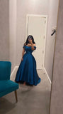 Niulatu A line Off The Shoulder Blue Prom Dress With Pleated Long Satin Prom Dresses Party Dress HZ1110